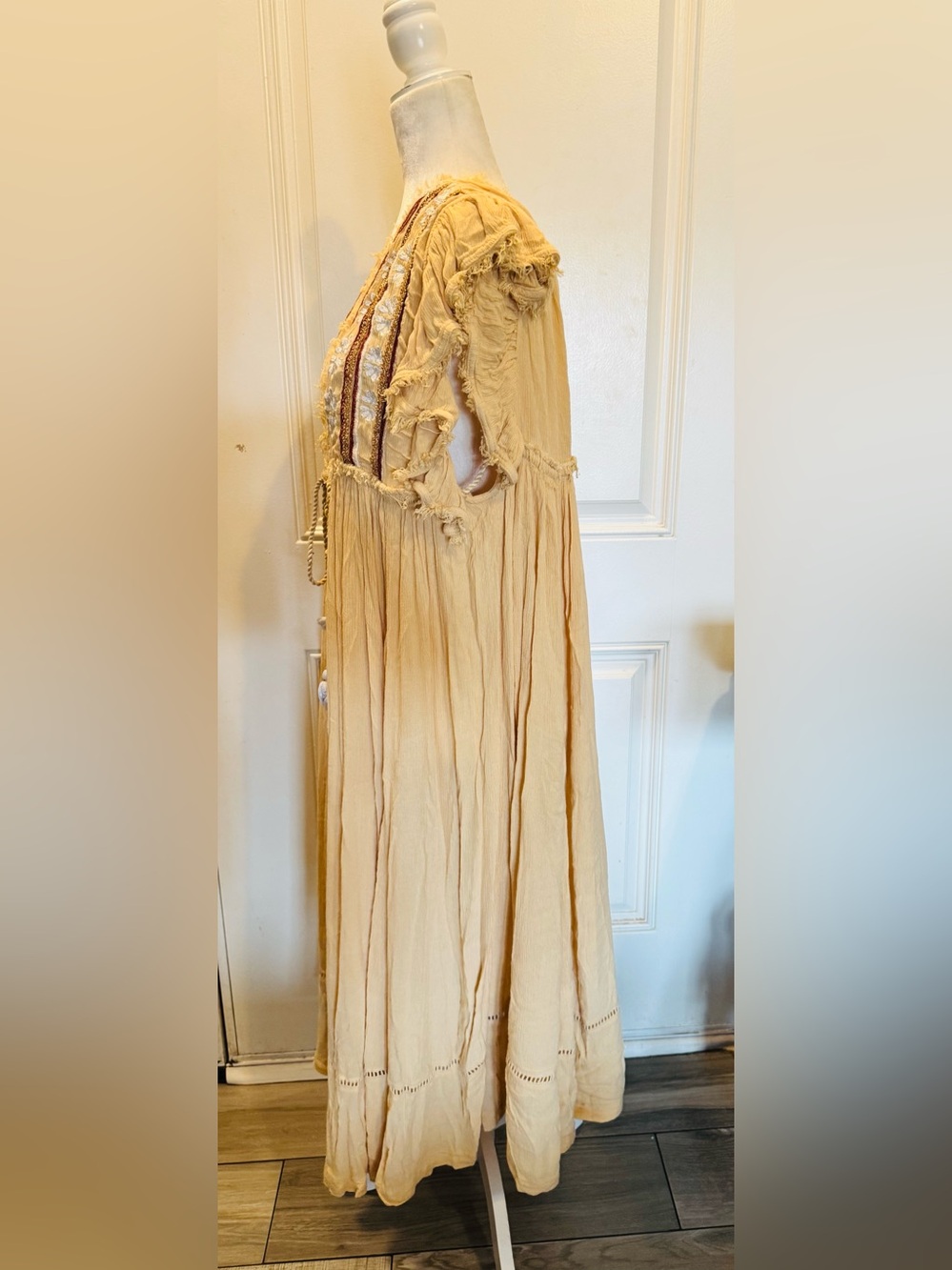 Free People Will Wait For You Midi Embroidered cream dress Boho size L Like New - Picture 4 of 13